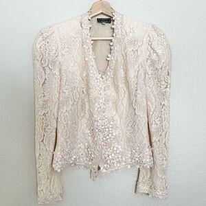 Vintage Formal Coquette Lace Beaded Embroidered Soft Pink Floral Button Blazer